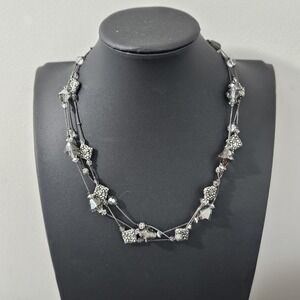 Dabby Reid Crystal Necklace Gun Metal Gray Silver Clear 3 Strand 17"